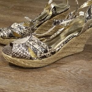 Strappy snake skin wedge sandal